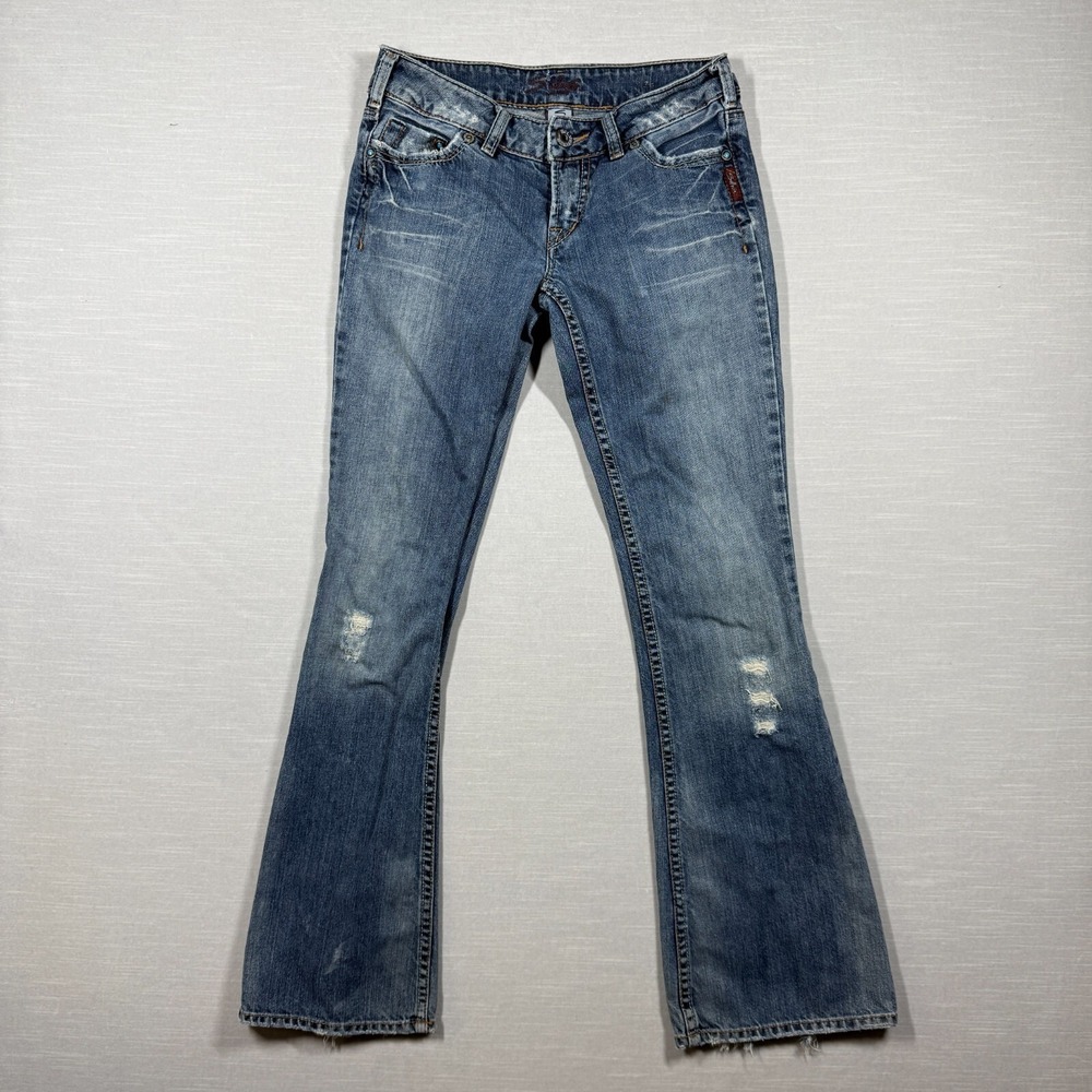 Vintage Silver Jeans Womens 27 Blue Flared Distressed Denim Turquoise Low Y2K